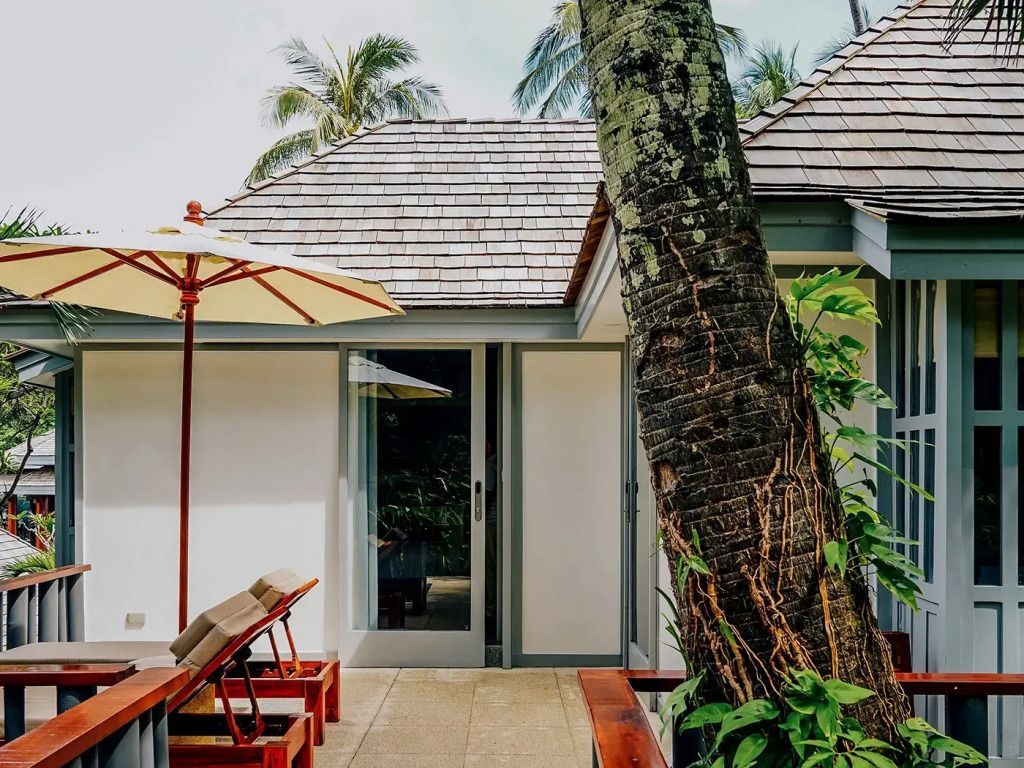 Private Terrasse mit Liegestühlen und exotischer Vegetation.