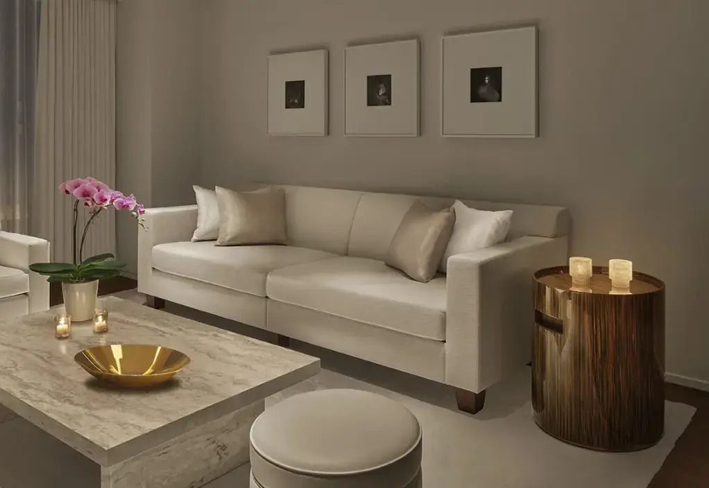 Einladende Sitzecke mit cremfarbenem Sofa und stilvoller Dekoration.