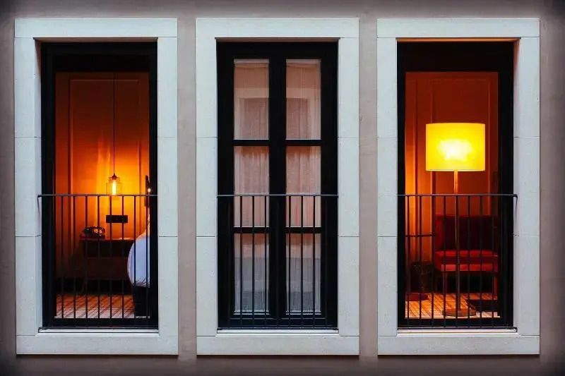 Abendansicht von Hotelzimmerfenstern mit warmem Licht