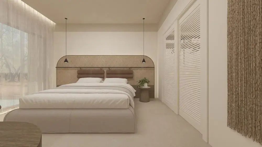 Modernes Schlafzimmer mit elegantem Doppelbett und stilvollen Wandlampen