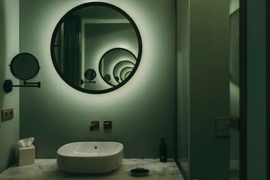 Modernes Badezimmer mit stilvollem Spiegel und eleganter Beleuchtung