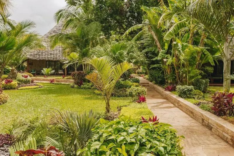 Grüner Gartenpfad umgeben von üppiger Vegetation im Tulia Zanzibar Resort