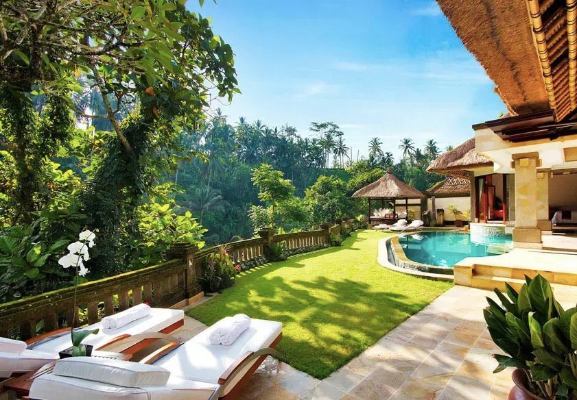 Garten mit Liegen und privatem Pool in der Elephant Pool Villa.