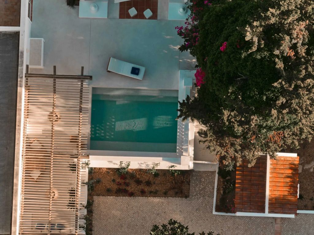 Garten mit kleinem Pool und Liegestuhl in einer eleganten Umgebung