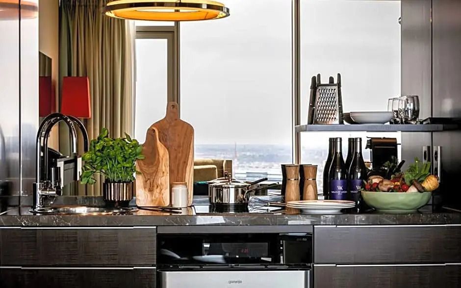 Moderne Küche mit hochwertigen Geräten und Ausblick.