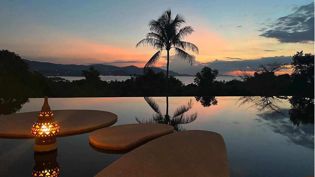 Sonnenuntergangslandschaft mit Palme und reflektierendem Wasser am Horizont.