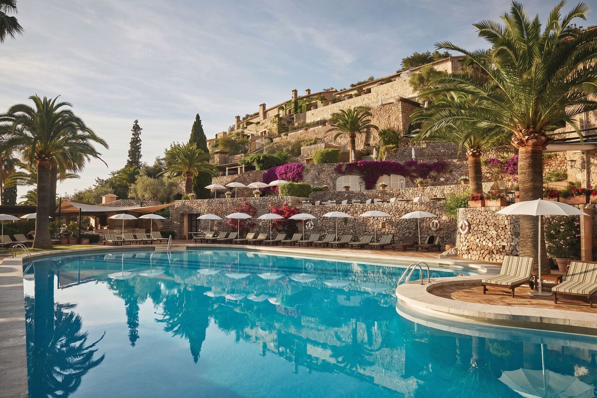 La Residencia Pool mit Bäumen und Gebäude im Hintergrund