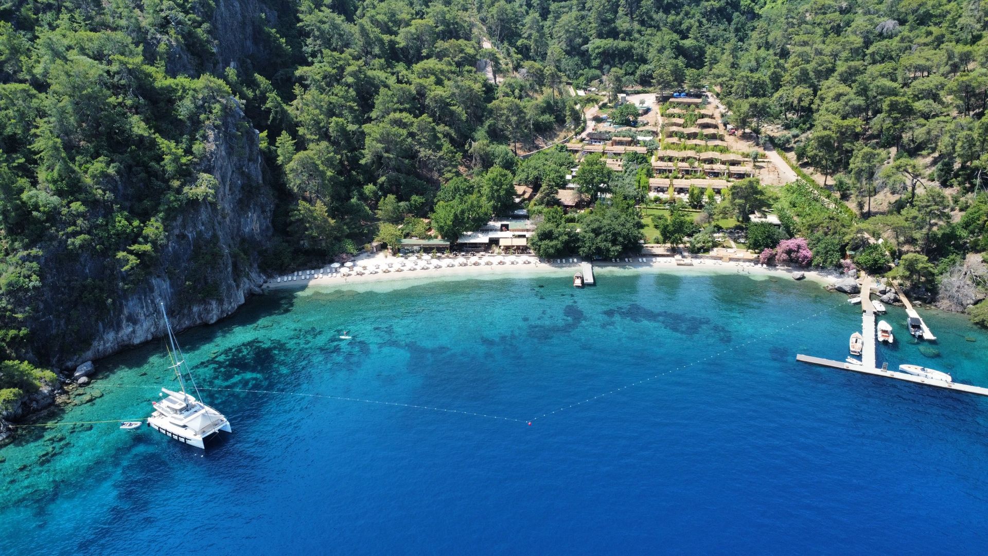 Luftaufnahme einer Bucht mit Yacht und üppigem Wald am klaren blauen Meer