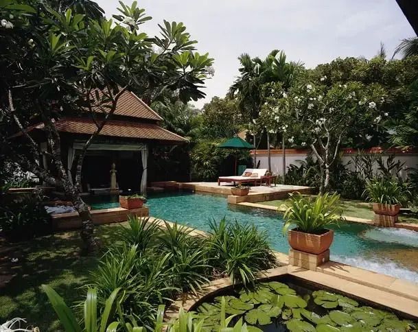 Privater Garten mit Pool und tropischer Vegetation