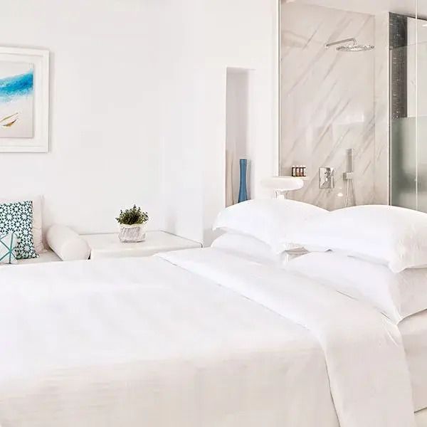 Lichtdurchflutetes Zimmer mit Doppelbett und moderner Glasdusche im Hintergrund.