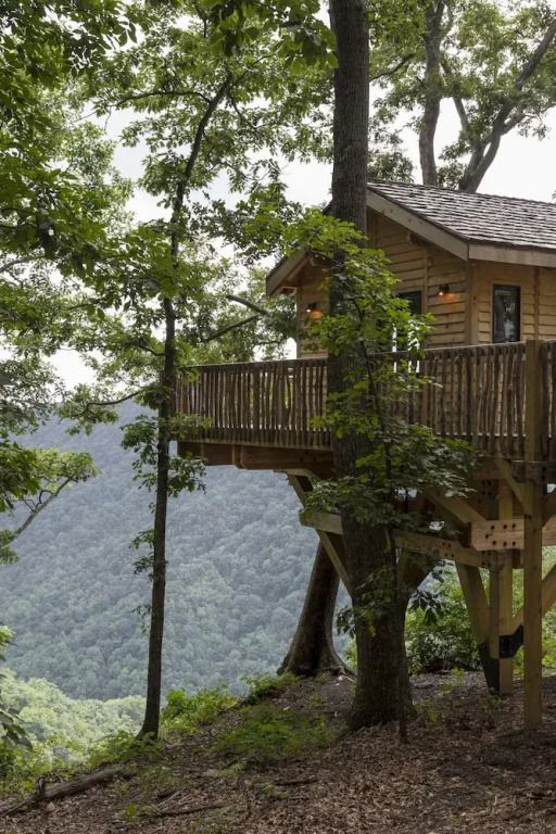 Baumhaus-ähnliche Hütte mit Terrasse inmitten der Bäume mit Bergblick