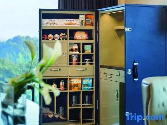 Gut ausgestattete Minibar im offenen Schrank mit Snacks und Getränken