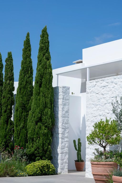 Weiße Architektur des Patmos Aktis Resorts mit Zypressen unter blauem griechischen Himmel.