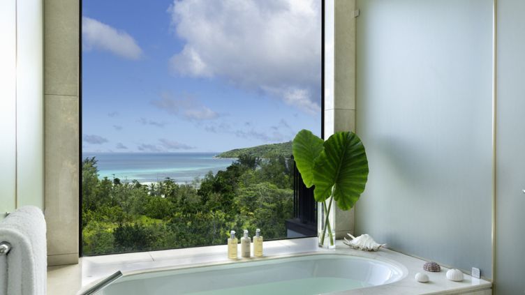 Freistehende Badewanne mit Aussicht aufs Meer und dekorativer Pflanze