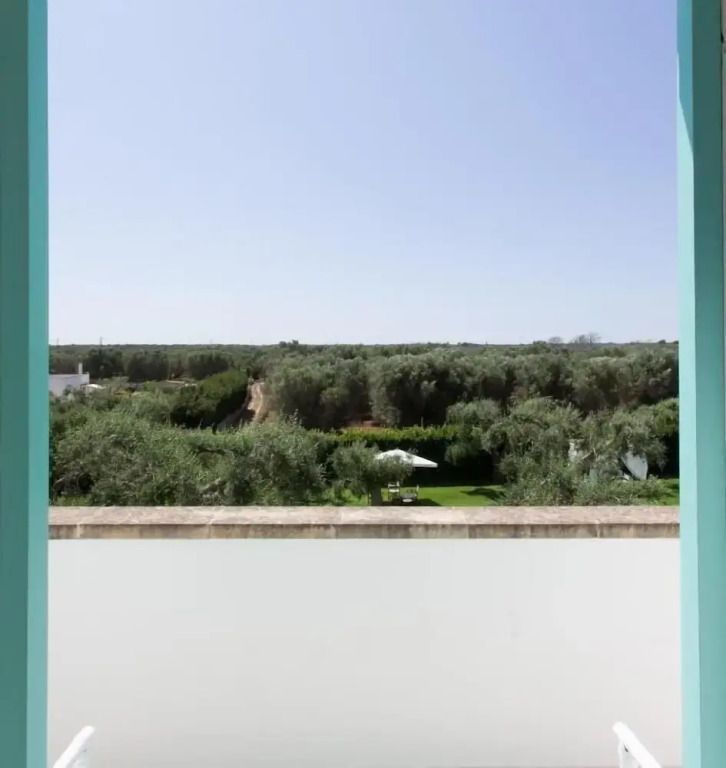 Blick vom Balkon auf grüne Landschaft mit Bäumen und klarer Himmel