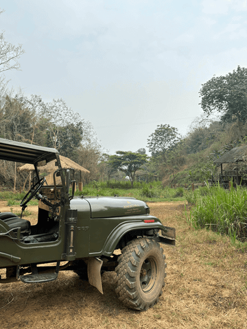 Ein olivgrüner Jeep steht auf einem Feld nahe Wald und Hütten.