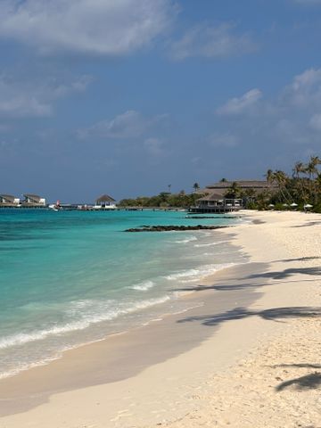Weißer Sandstrand mit sanften Wellen und Palmen unter blauem Himmel, tropisches Paradies