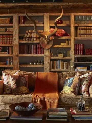 Gemütliche Lounge mit rustikaler Einrichtung und Bücherregalen im Hintergrund