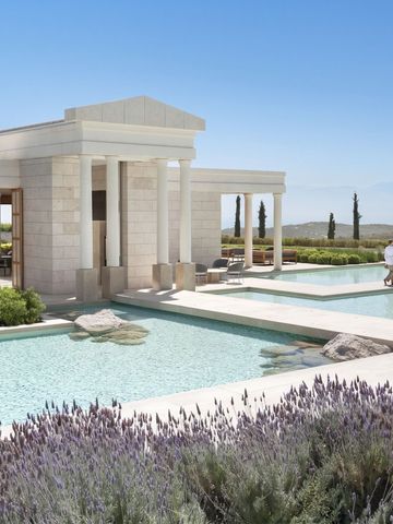 Elegante Architektur mit weißen Säulen und Wasserbecken, umgeben von Lavendel und Natur
