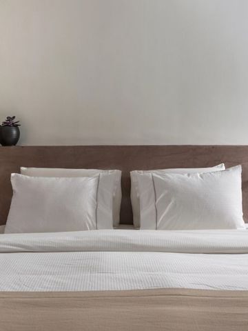 Komfortables Bett mit Pflanzenakzenten in einem eleganten Hotelzimmer