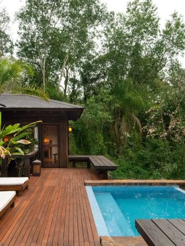 Holzterrasse mit Liegestühlen und Pool vor üppigem Regenwald