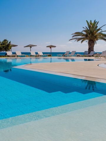 Großer Pool mit Liegestühlen und Palmen am Meer