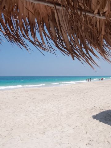 Blick auf den weiten Sandstrand und das türkisblaue Meer unter Strohdach