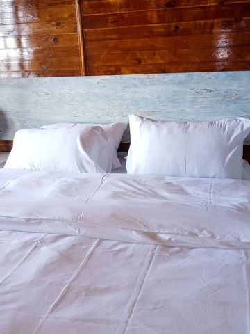 Zimmer mit stilvoller Holzwand und gemütlichem Doppelbett mit weißen Kissen