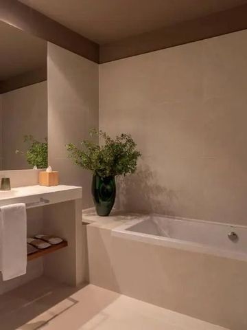 Modernes Badezimmer mit Badewanne und kleiner Pflanze auf dem Waschtisch