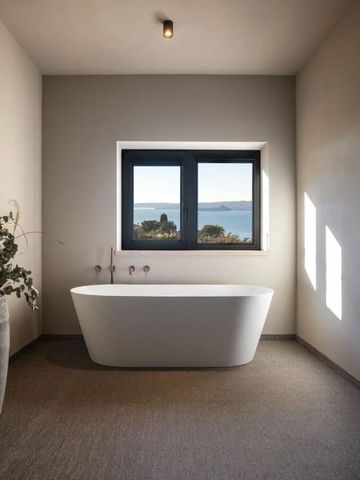Schlichte Badewanne in hellem Raum mit Blick durch ein Fenster auf die Landschaft