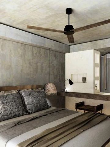 Geräumiges Schlafzimmer mit modernen Akzenten und natürlichen Materialien