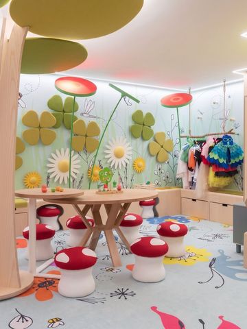 Buntes Spielzimmer mit Pilzhockern und Wanddekorationen für Kinder