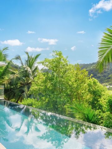 Infinity-Pool mit Blick auf Dschungellandschaft und blauem Himmel im Cheval Blanc Seychelles