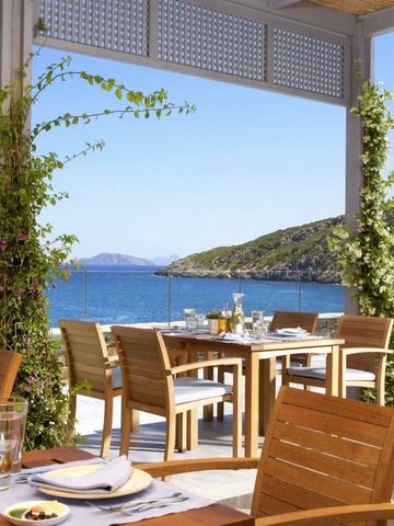 Terrassenrestaurant mit Meerblick und blühenden Pflanzen