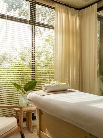 Heller Behandlungsraum im Spa mit Liege und Pflanzen