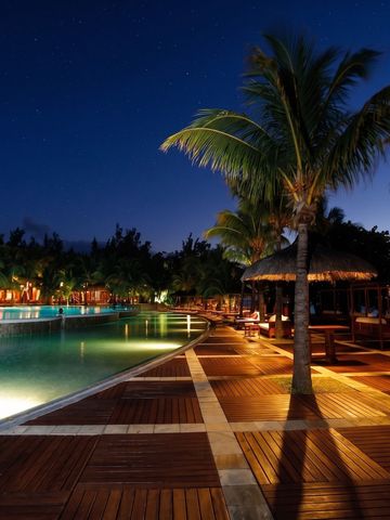 Beleuchteter Poolbereich bei Nacht mit Palmen und Holzterrasse
