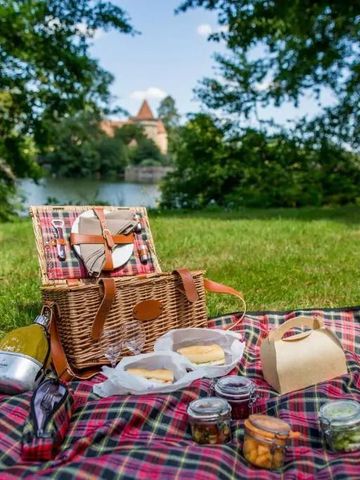 Picknickkorb auf Decke im Grünen mit Schloss im Hintergrund