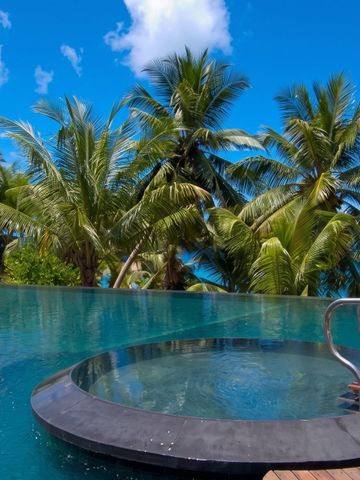 Infinity-Pool mit Blick auf Palmen und strahlend blauen Himmel