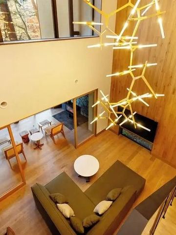Helles Wohnzimmer mit modernen Möbeln und beeindruckender Beleuchtung