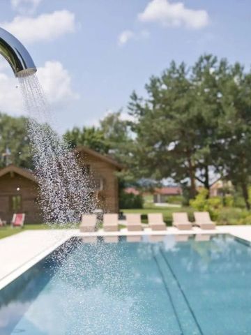 Außenpool mit Wasserdusche und Gartenblick
