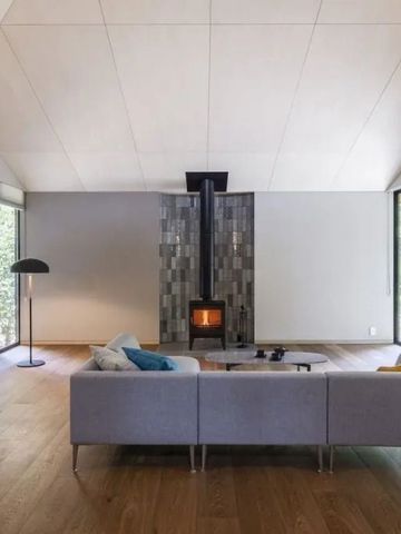 Elegante Lounge mit Kamin und modernen Möbeln