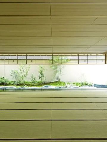 Minimalistisches japanisches Zimmer mit Tatami-Matten und Blick auf einen Innenhofgarten