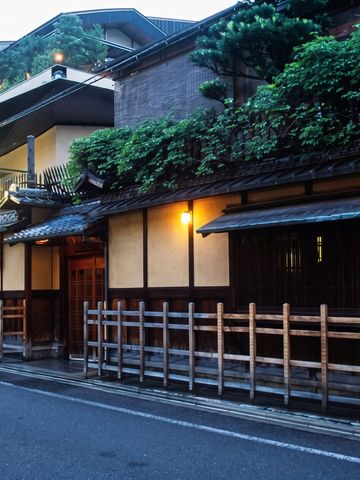 Traditionelle japanische Ryokan-Fassade mit Holzdetails und Pflanzenbeleuchtung.