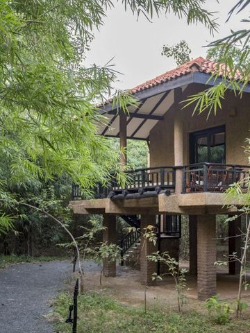 Villa auf Stelzen umgeben von üppigem Grün mit schattigem Weg