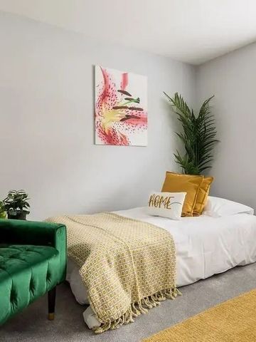 Helles Zimmer mit grünem Sofa, Einzelbett und Pflanze