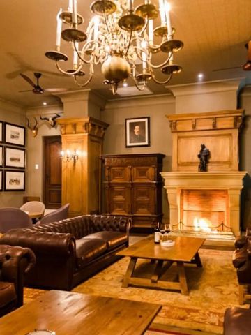 Elegante Lounge mit Kamin und Ledersofas