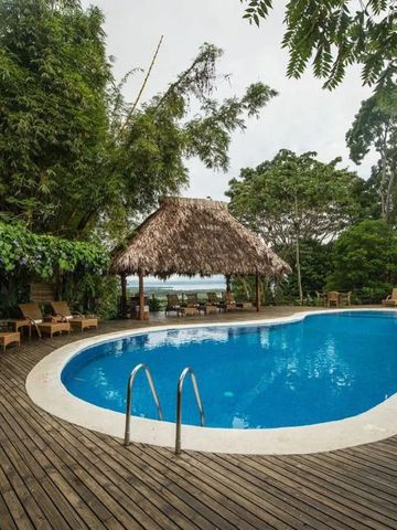 Tropischer Pool mit Liegestühlen und Palmendach im Hintergrund.