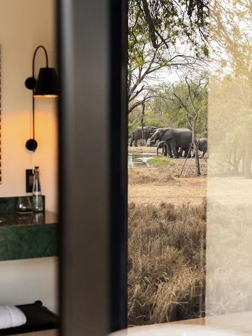 Badezimmer mit Ausblick in die Natur und Elefanten im Hintergrund