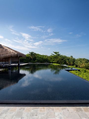 Infinity Pool mit Palmen und Meerblick unter klarem blauen Himmel