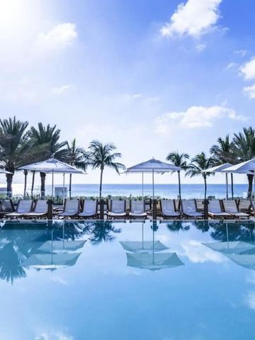 Poolbereich mit Liegestühlen und Palmen im Nobu Hotel Miami Beach